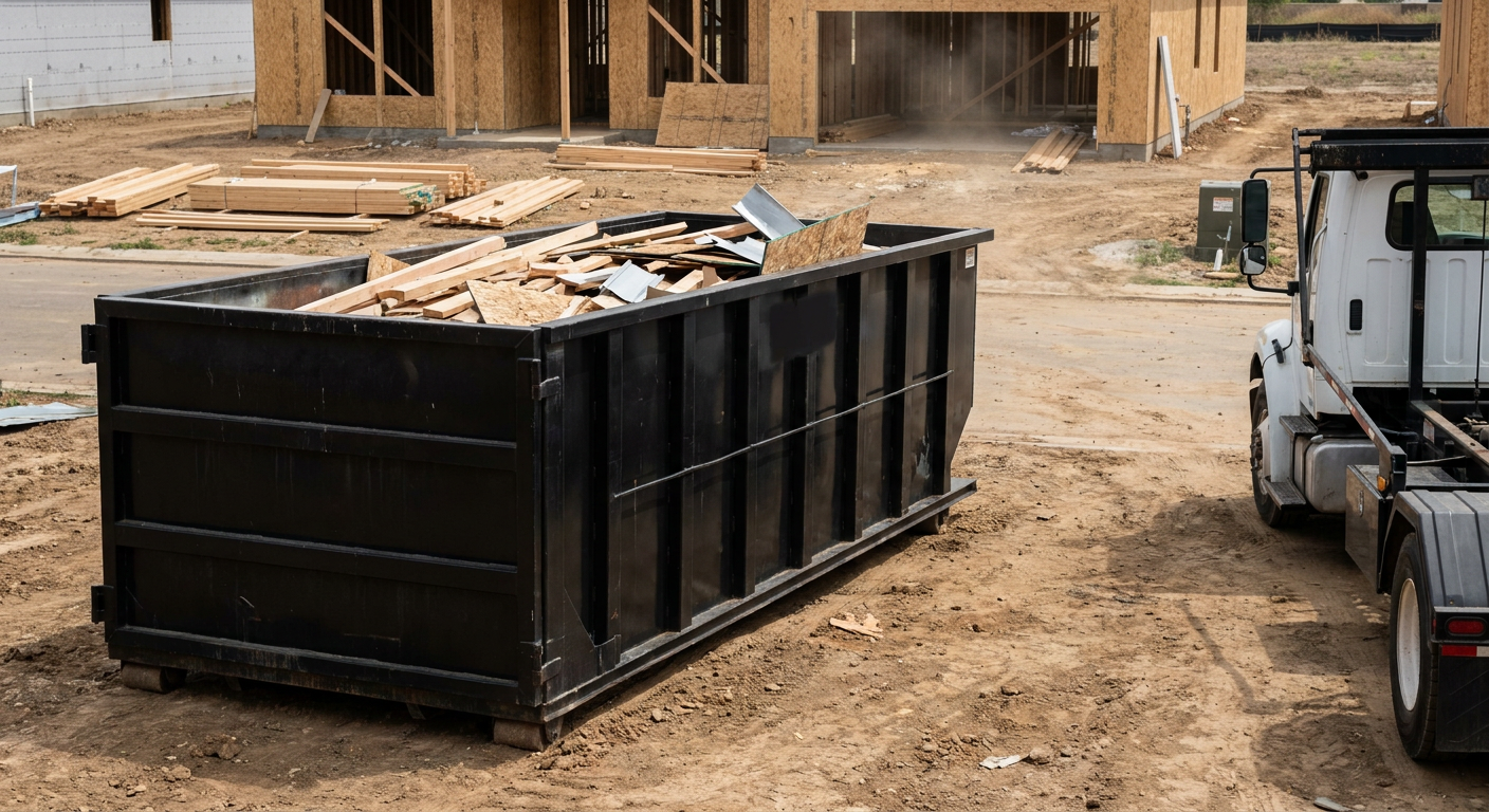 Matte-black 20-yard roll-off construction dumpster with heavy ribbed steel sidewalls and swing rear doors at a working jobsite in Topeka, sitting directly on compacted dirt with an unmarked white hauler partially visible at the far edge of the frame.
