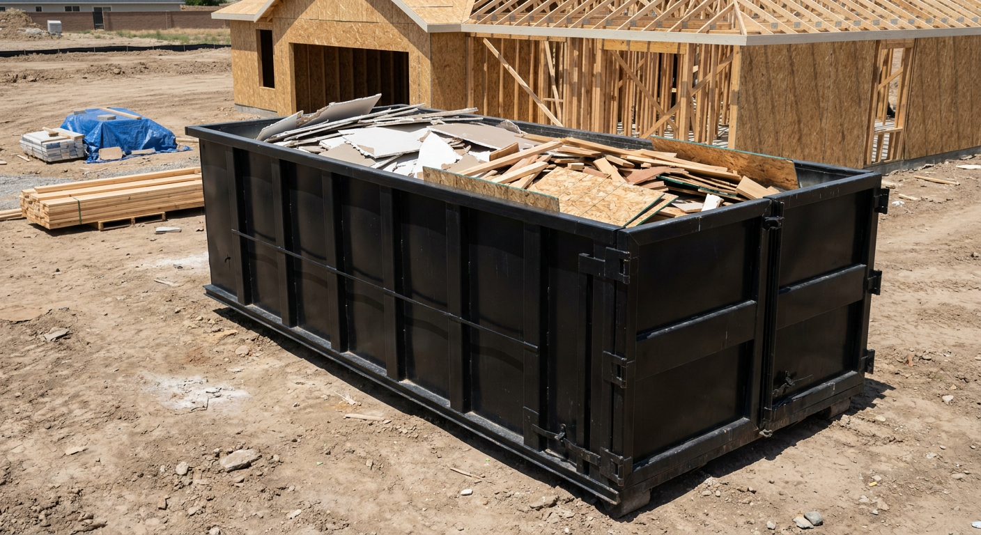 Matte-black 30-yard roll-off construction dumpster sitting directly on the compacted-dirt site of a framed single-family home build in Topeka, drywall and lumber scrap loaded inside.