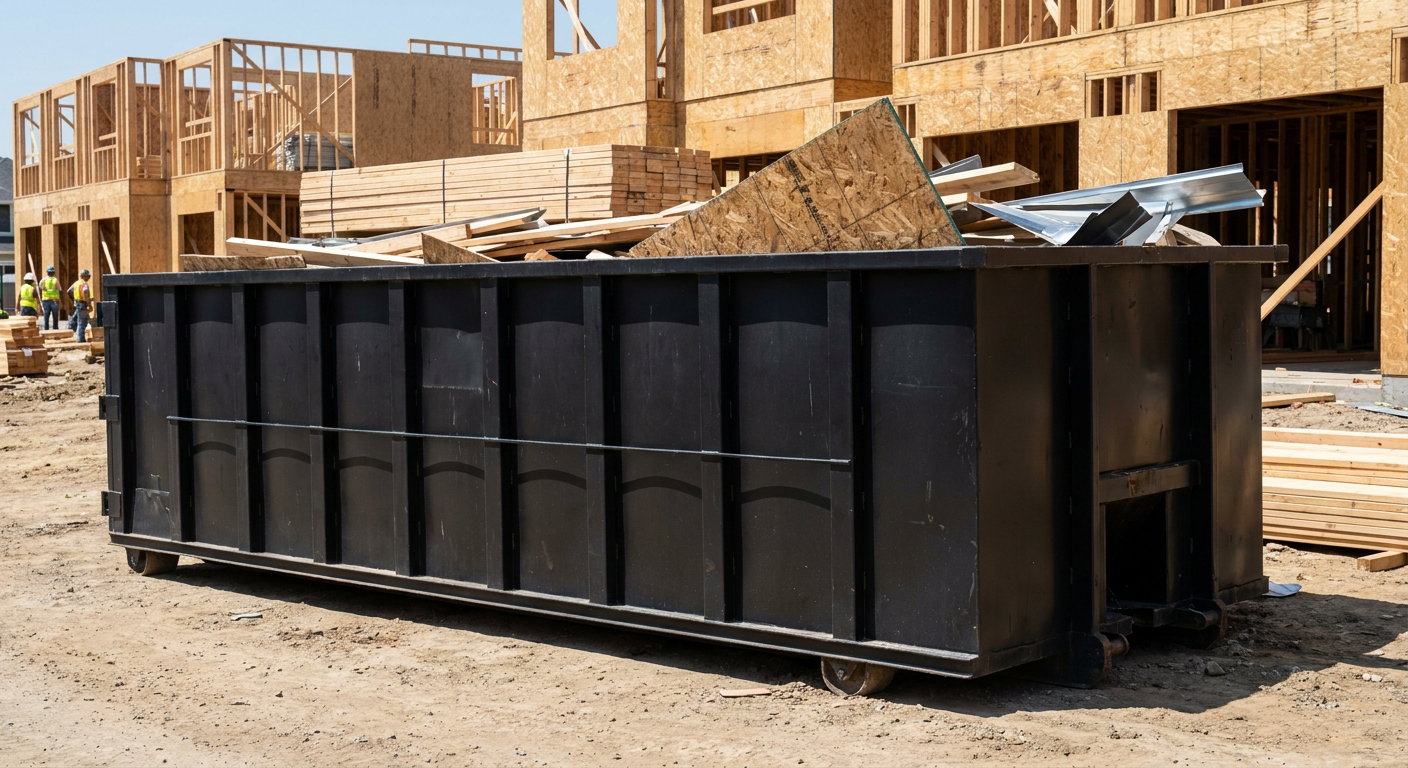 Matte-black 40-yard roll-off construction dumpster being lowered from a white-cab hooklift delivery truck onto the compacted-dirt jobsite at a commercial build site in Topeka