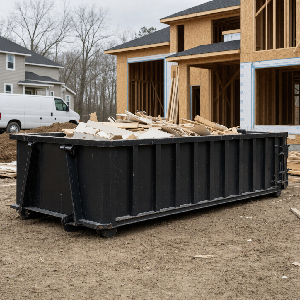Worker in a yellow high-visibility vest tossing framing lumber and broken drywall into a matte-black 30-yard construction roll-off dumpster on an active build site in Topeka, bright daylight
