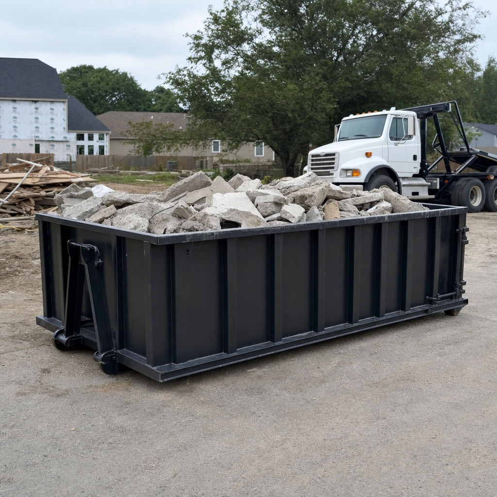 Low-profile matte-black lowboy roll-off dumpster loaded with broken concrete slab and rebar at a foundation tear-out in Topeka, skid steer parked beside it, sunny Colorado morning