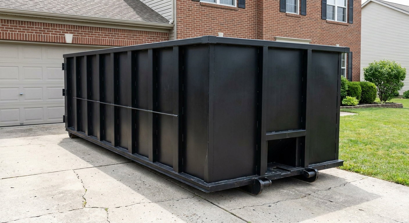 Matte-black 20-yard roll-off container on a Topeka residential concrete driveway with reinforced ribbed steel sidewalls and a hinged rear walk-in door, clean bright daylight.