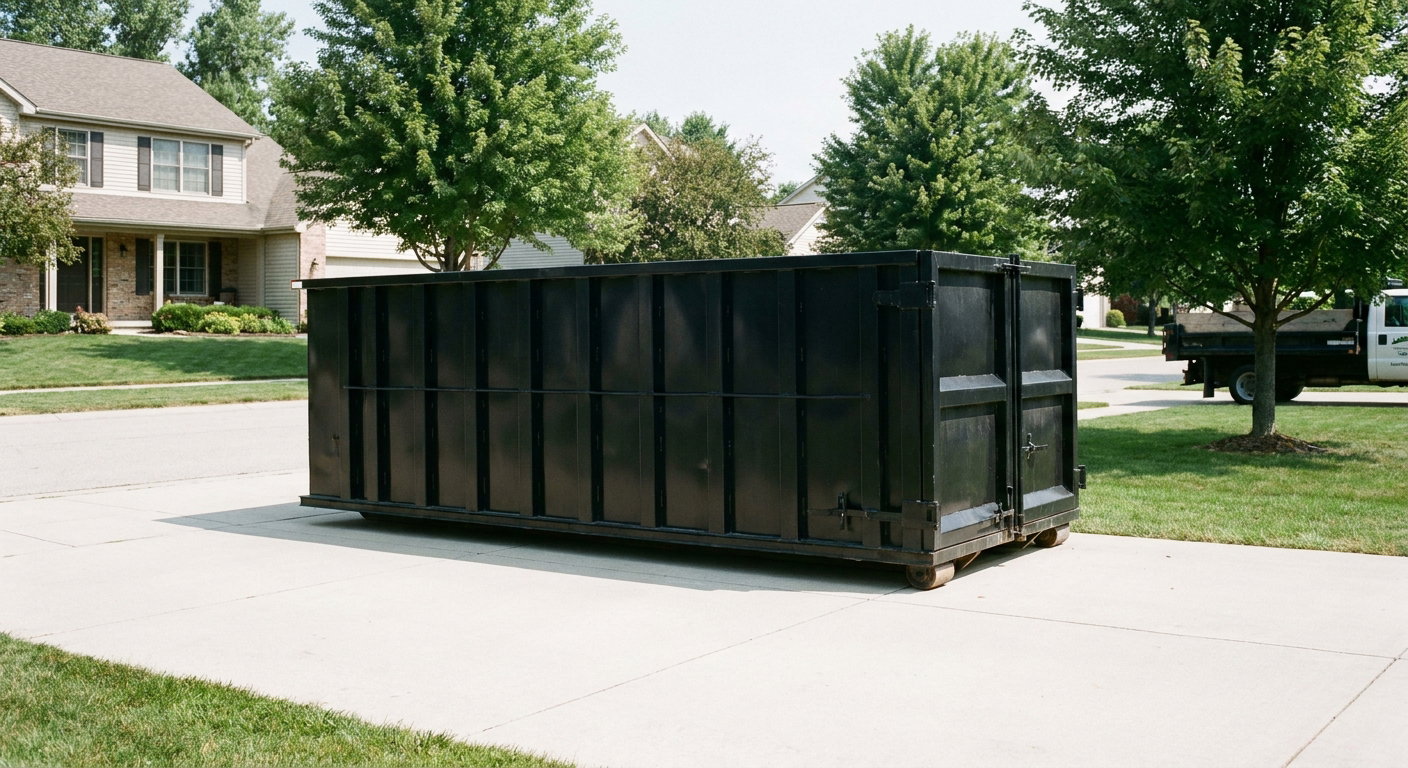 Matte-black 20-yard roll-off dumpster sitting level on a clean Topeka residential concrete driveway under bright daylight, demonstrating clean placement directly on the concrete.