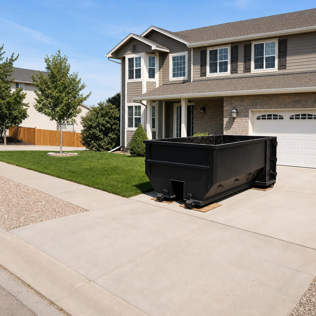 10-yard matte-black residential dumpster placed directly on a narrow Topeka concrete driveway, room remains for a parked sedan beside it, mid-morning natural light