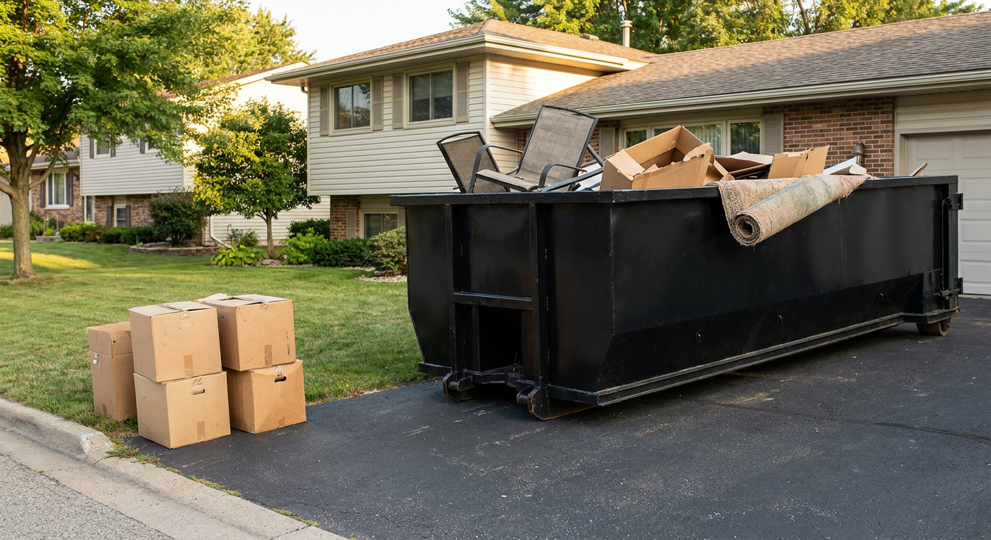 Front-yard view of a Topeka split-level home with a 20-yard matte-black roll-off dumpster sitting directly on the asphalt driveway, a few clearly labeled donation boxes staged at the curb, calm sunny afternoon.