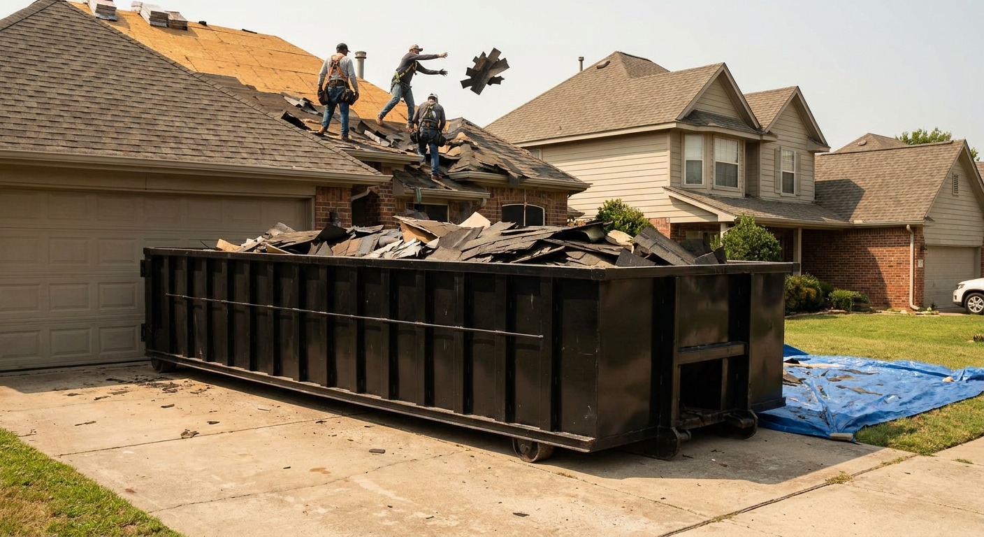 Matte-black roofing roll-off dumpster placed directly on a Topeka residential concrete driveway, a tear-off crew on a two-story asphalt-shingle roof tossing shingle bundles into the low-walled container, bright daylight, documentary 35mm perspective.