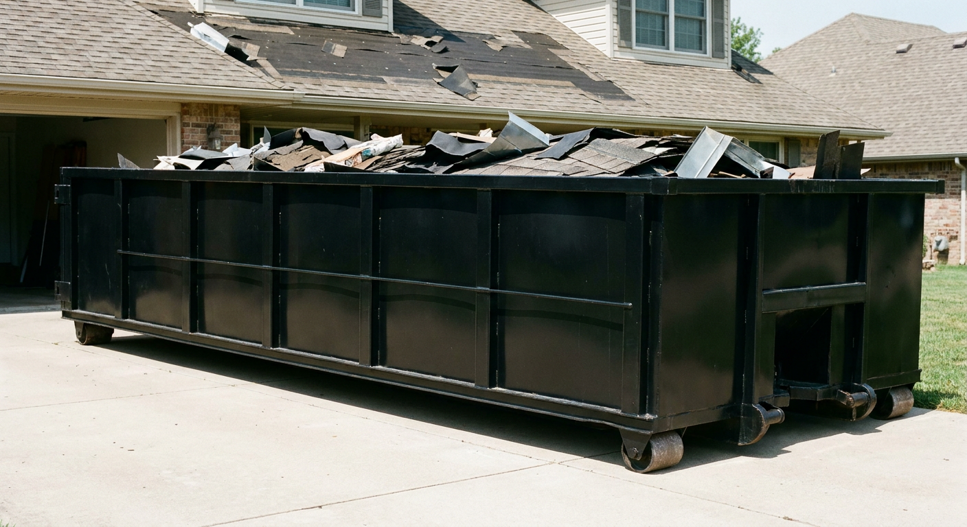 Matte-black 20-yard roofing roll-off dumpster with steel ribbed sides and swinging rear door, sitting directly on the concrete driveway of a two-story Topeka home, asphalt shingle debris being loaded over the low wall, clean documentary lighting.