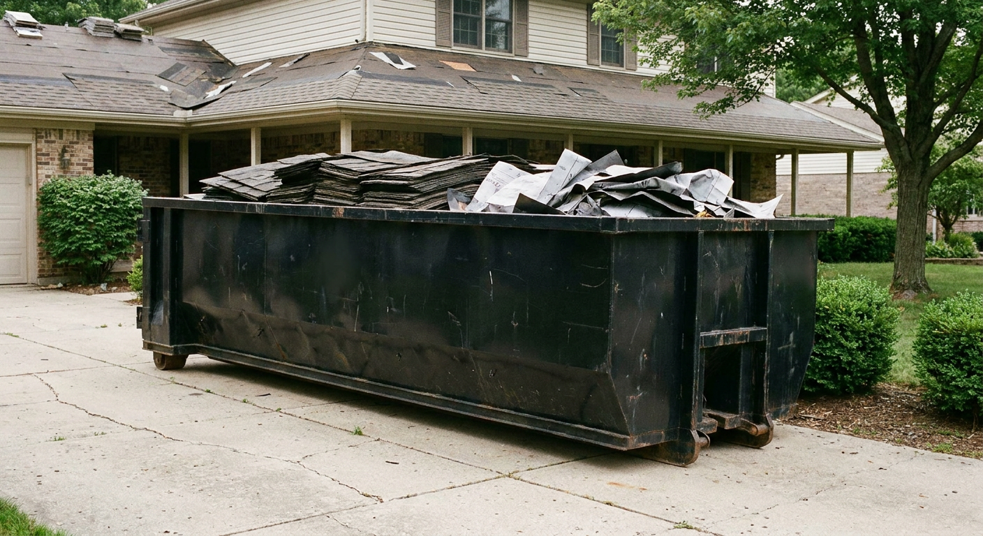Matte-black 30-yard roofing roll-off dumpster sitting directly on a Topeka concrete driveway, taller ribbed steel side panels, mixed tear-off debris of asphalt shingles and underlayment inside, professional documentary daylight.