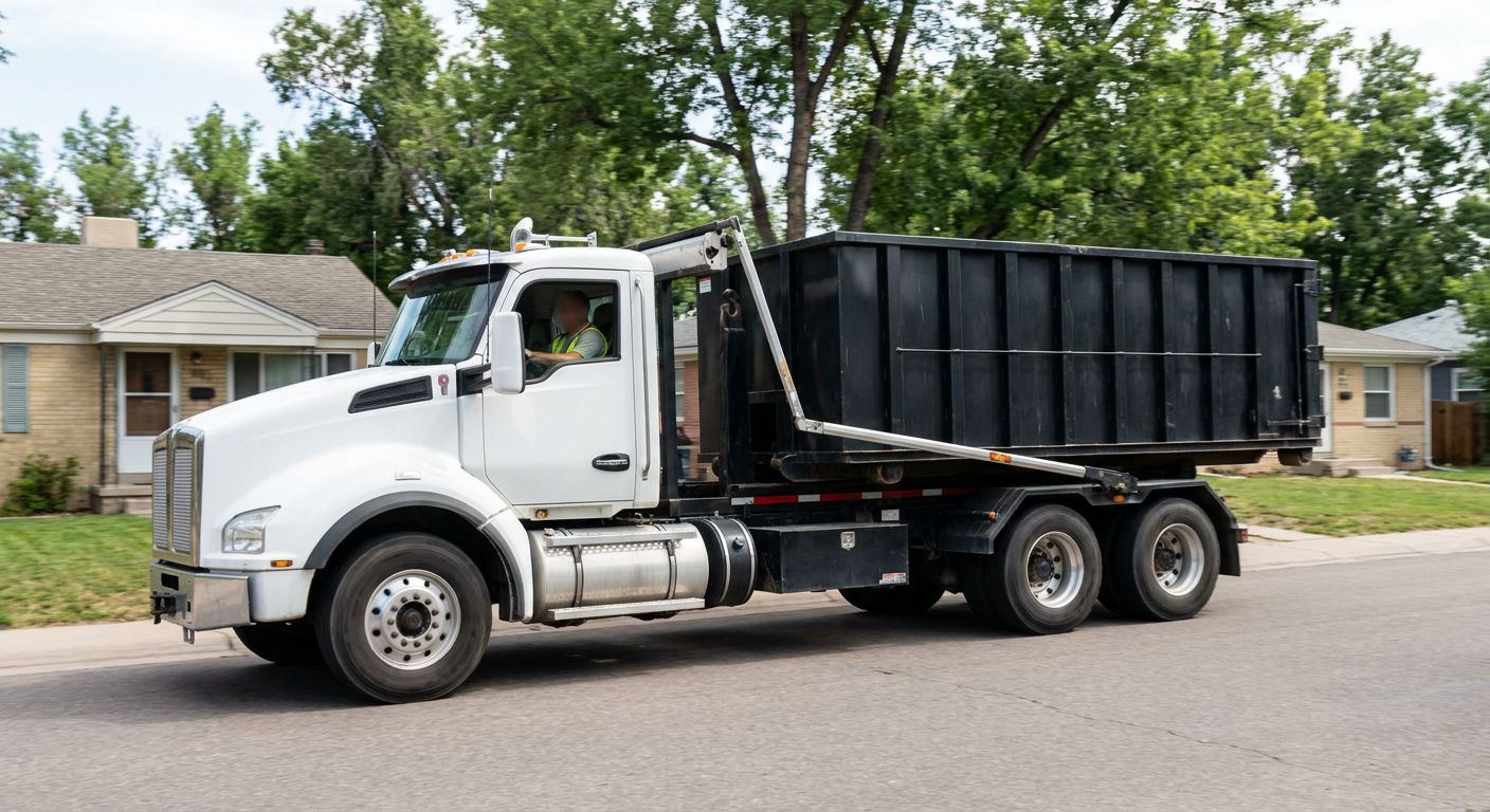 A wide documentary shot of a matte-black roll-off delivery truck pulling onto a quiet Topeka residential street at mid-morning, with neighborhood rooftops and tree-lined blocks visible behind, showing the metro coverage footprint.