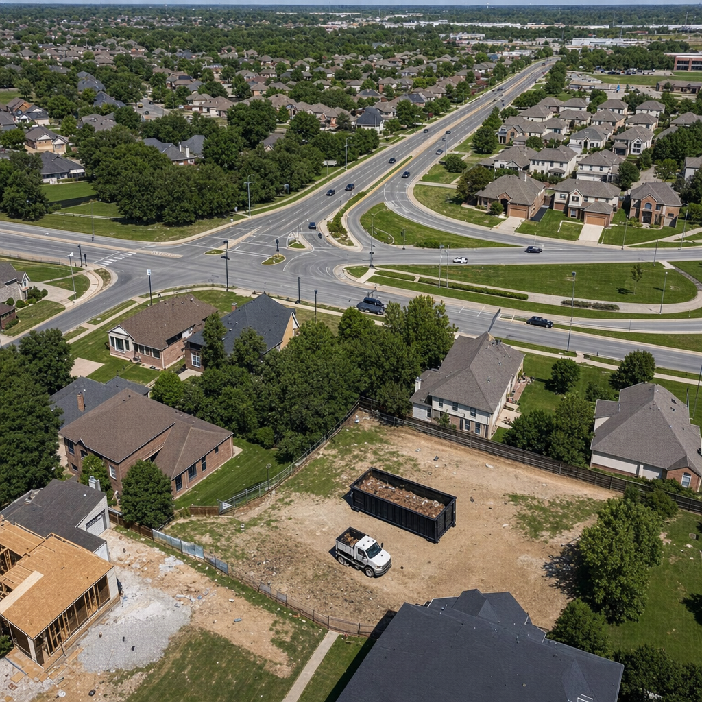 An overhead documentary view of the Topeka metro area at midday, showing the spread of neighborhoods, arterial roads, and the dispatch radius from a central yard — clean daylight, organized geographic layout.