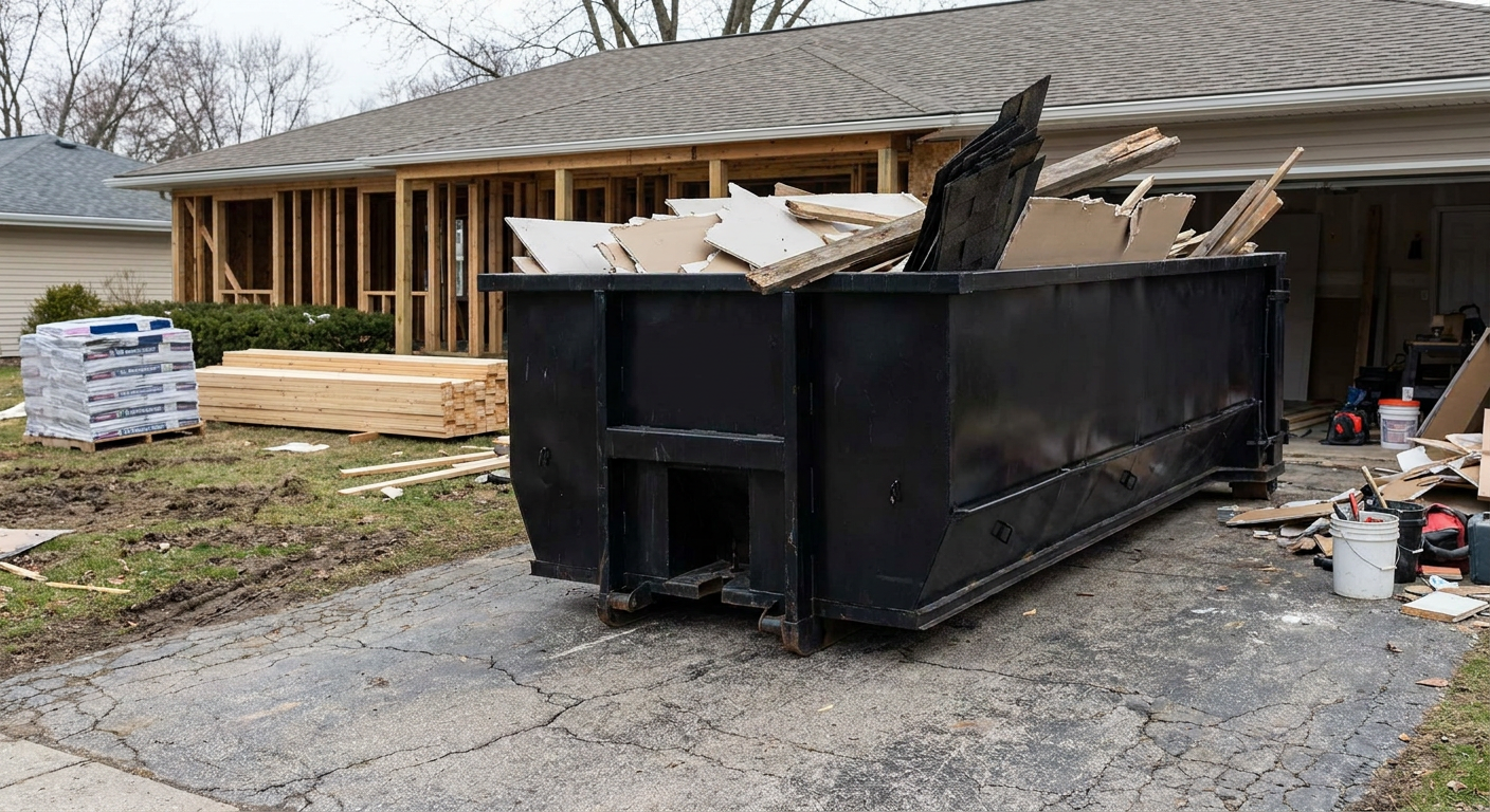 A matte-black 20-yard roll-off dumpster placed alongside a mid-renovation Topeka home directly on the asphalt driveway, with framing materials and torn-off shingles staged neatly nearby.