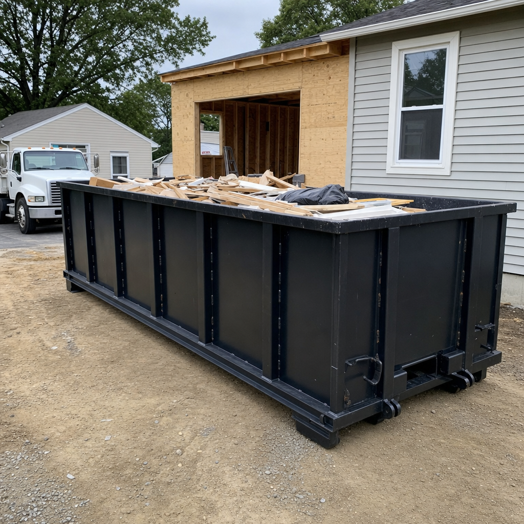 A matte-black 30-yard roll-off dumpster positioned at a Topeka residential addition jobsite, with framing lumber and drywall scraps loaded through the open swinging rear doors.