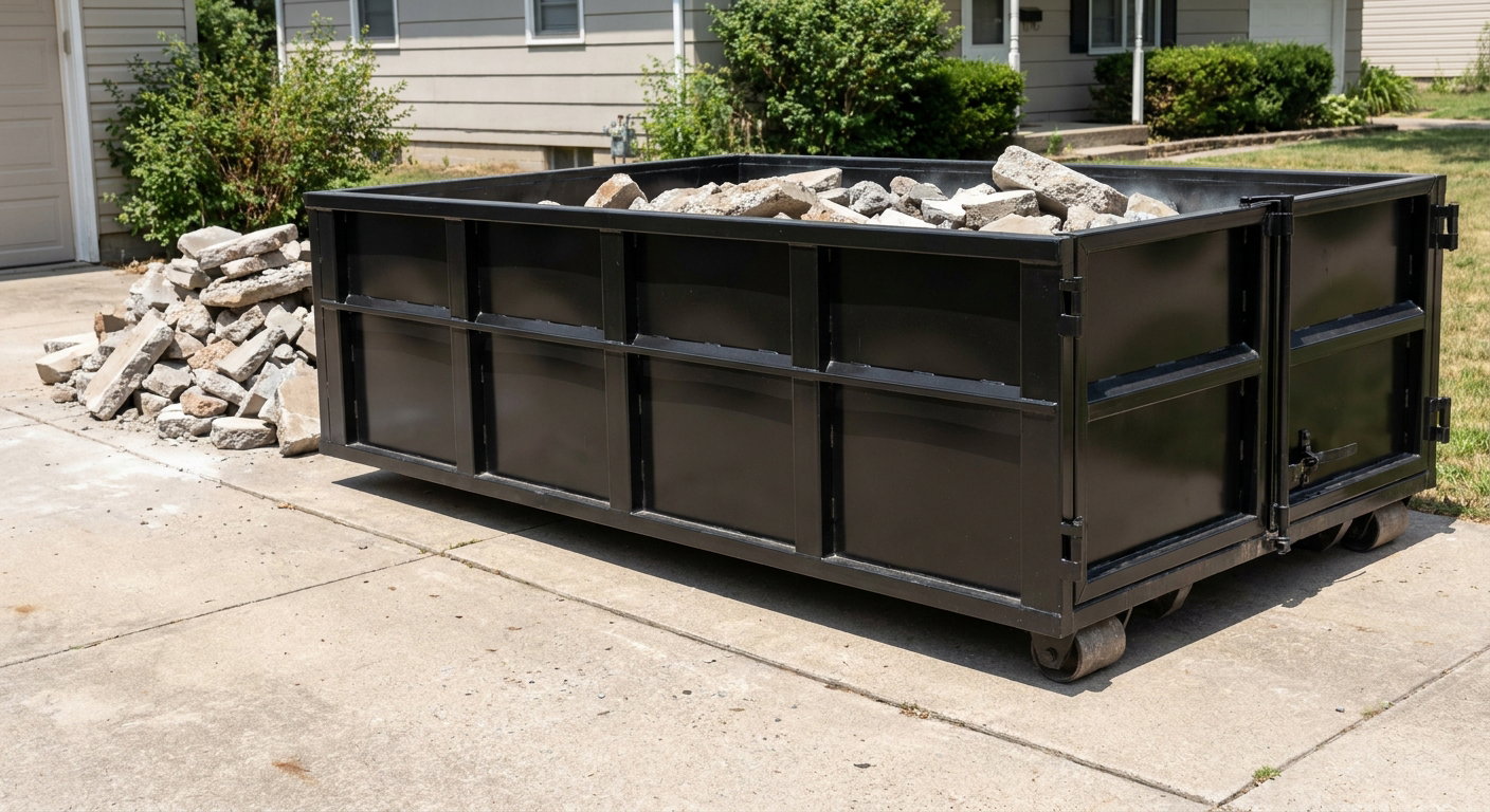 A matte-black low-side heavy-debris roll-off dumpster placed directly on a Topeka concrete driveway, with broken concrete chunks neatly stacked beside it under clean daylight.